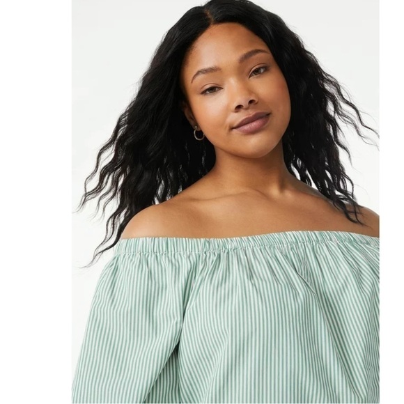 Free Assembly Women's Cold Shoulder Green Stripes Top Blouse ¾ Sleeves Size M - Picture 2 of 10